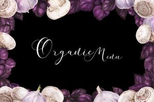 cornice ad acquerello con basilico viola, aglio e champignon su sfondo nero vettore