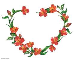 corona romantica a forma di cuore con fiori rossi, illustrazione realistica tracciata ad acquerello vettore