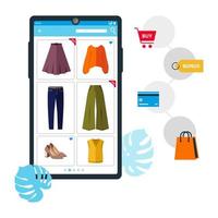 illustrazione vettoriale piatta, concetto di negozio di abbigliamento online. fare la spesa, comprare vestiti, scarpe. prodotti del negozio di abbigliamento sullo schermo dello smartphone. fasi di acquisto online, tecnologia aziendale