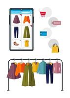 illustrazione vettoriale, concetto di negozio di abbigliamento online. fare la spesa, comprare vestiti, scarpe. prodotti del negozio di abbigliamento sullo schermo dello smartphone. vestiti su una gruccia. set di borse della spesa vettore