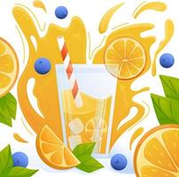 bicchiere di succoso cocktail di frutta con ghiaccio e paglia e spruzzi d'arancia sullo sfondo. fettine di agrumi, mirtilli e foglie di menta sono ingridienti. concetto di illustrazione vettoriale per una bevanda estiva fresca