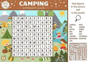 puzzle di ricerca di parole da campeggio vettoriale per bambini. semplice cruciverba campo estivo con scena forestale per bambini. attività di parole chiave educative con bambini che pescano, fanno escursioni, suonano la chitarra.