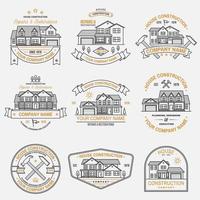 insieme di identità di società di costruzioni di case con casa americana suburbana. illustrazione vettoriale. badge a linea sottile, segno per attività legate a società immobiliari, edili e di costruzione. vettore