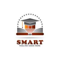 illustrazione vettoriale del logo dell'istruzione, design di simbolo dell'attrezzatura del cappello laureato, matita e libro, concetto di persona intelligente, con laurea