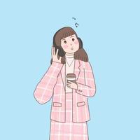 illustrazioni di personaggi dei cartoni animati di donna che ascoltano musica con le cuffie e tengono una tazza di caffè, hobby e stile di vita, stile minimal vettore