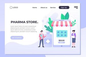 concetto di design del sito di farmacia online. illustrazione vettoriale piatta e moderna per la progettazione di siti Web, banner, pagina di destinazione. acquistare farmaci e farmaci online. progettazione sito e-commerce