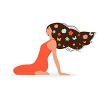 salute mentale, meditazione, pensiero positivo, cura di sé, stile di vita sano e lento. benessere, benessere. silhouette floreale di una ragazza con fiori e farfalle. cervello in fiore, illustrazione astratta vettore