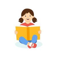 bambino carino felice che tiene libro aperto e legge. ragazza con libro isolato su sfondo bianco. illustrazione vettoriale