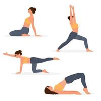 set di pose yoga per donne. Illustrazione vettoriale su sfondo bianco. donna in diverse pose, asana