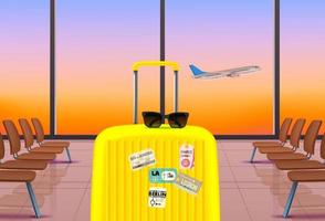borsa da viaggio con occhiali da sole nella sala d'attesa dell'aeroporto. illustrazione vettoriale 3d