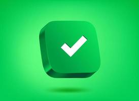 pulsante verde con segno di spunta su sfondo verde. illustrazione vettoriale 3d