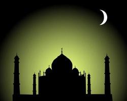 taj mahal contro il cielo notturno e una mezza luna vettore