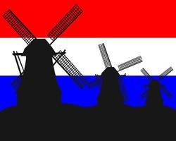 sagome di mulini a vento sullo sfondo della bandiera olandese vettore