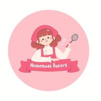 ragazza carina indossare rosa arpon.giovane donna che cucina.panetteria fatta in casa concept.flat design vettore illustion per logo panetteria e design di etichette.logo elementi. indossando arpon e uniforme da chef.