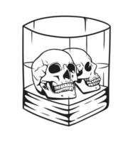 due teschi di testa umana all'interno dell'illustrazione artistica della linea vettoriale del bicchiere di whisky