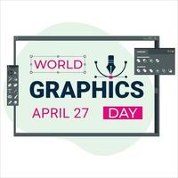 27 aprile effetto testo giornata mondiale della grafica con sfumatura rosa e nera, disegno vettoriale standard per la giornata della grafica con elementi di computer su sfondo verde.