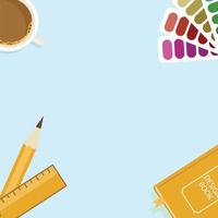 elementi di design dell'illustrazione su sfondo bianco, libro di design, scala del righello, matita, tazza di caffè o tè, sfumature multicolori. vettore