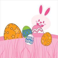 banner dell'illustrazione del coniglietto di pasqua con le uova di pasqua, coniglietto di pasqua che si nasconde dietro le uova di pasqua vettore
