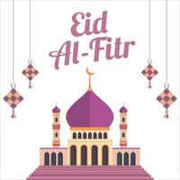 elegante eid al-fitr mubarak con effetto testo dorato, festa sacra dei musulmani, moschea musulmana, tonalità multicolore, viola, illustrazione vettoriale della moschea, aquiloni appesi.