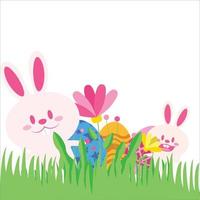 sfondo di Pasqua con coniglietto di pasqua e uova, uova di Pasqua in erba verde e coniglio di carta isolato su bianco vettore
