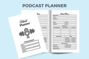 interno del pianificatore di argomenti del podcast. attività quotidiana della stazione radio e interno del blocco note del tracker delle informazioni. interno di un diario. modello di pianificatore di podcast e tracker di informazioni sugli ospiti. vettore