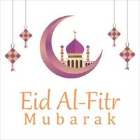 eid al-fitr mubarak con effetto testo dorato, festa sacra dei musulmani, moschea musulmana, tonalità multicolore, viola, illustrazione vettoriale della moschea, aquiloni appesi, luna.