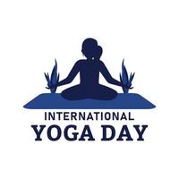 bella illustrazione vettoriale del giorno dello yoga con effetto testo blu, blu scuro, posizione yoga, speciale giornata internazionale dello yoga, signora, donna, donna che fa yoga, 21 giugno, vaso di fiori, fiore.