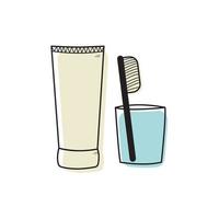 dentifricio con spazzolino in vaso di vetro stile doodle, illustrazione vettoriale isolata su sfondo bianco. contorno nero, cure dentistiche, concetto di igiene orale