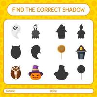 trova il gioco di ombre corretto con l'icona di halloween. foglio di lavoro per bambini in età prescolare, foglio attività per bambini vettore