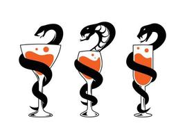 logo del caduceo della farmacia medica. bicchiere di vino con illustrazione serpente set semplice