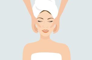 bella donna che prende il trattamento di massaggio facciale nell'illustrazione di vettore del salone della stazione termale. concetto di trattamento di bellezza e massaggio termale