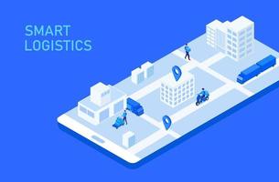 concetto di logistica intelligente, uomo di consegna e spedizione con camion sullo schermo dello smartphone. illustrazione vettoriale della logistica globale dei trasporti, della tecnologia di spedizione e consegna