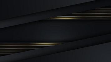Modello di lusso moderno 3d con design a strisce nere e dorate con luce dorata che scintilla su sfondo scuro vettore