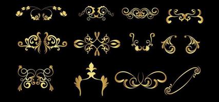 set di ricchi bordi d'oro vintage decorati, cornici, divisori per testo isolato su sfondo nero per la tua illustrazione vettoriale di design