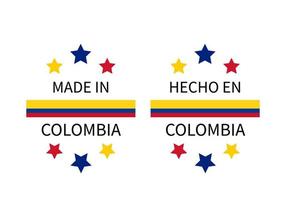 made in colombia etichette in inglese e in spagnolo. icona del vettore del marchio di qualità. perfetto per il design del logo, tag, badge, adesivi, emblema, pacchetto di prodotti