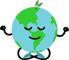 carino felice sorridente pianeta terra meditare .vector illustrazione card design. concetto di protezione ambientale per la pace e la felicità del pianeta. la terra si rilassa nella posa di yoga del loto vettore