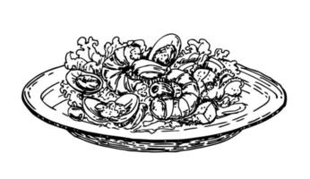 insalata di gamberetti disegnata a mano. stile di schizzo. deliziosa insalata con frutti di mare e verdure sul piatto