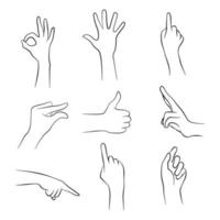 le mani impostano la posa degli elementi. fai un gesto simbolico ok, stendi la mano, indica, pizzica con la mano, grande, segno con la v rivolto verso il lato. illustrazione vettoriale. vettore
