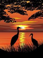tramonto dorato al lago con airone in silhouette vettore