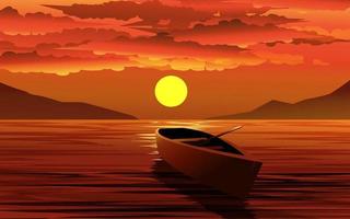 barca vuota nel lago al tramonto vettore