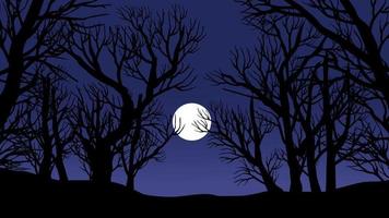 notte lunatica con silhouette ad albero e luna piena vettore