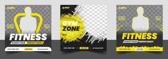 modello di banner post social media palestra fitness con colore nero e giallo, banner post social media palestra, allenamento, fitness e sport, design banner post social media palestra fitness. vettore