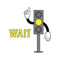 illustrazione del semaforo nel personaggio dei cartoni animati retrò con segnali stradali, luce gialla. aspetta il segno vettore