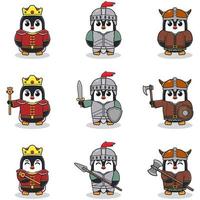 illustrazioni vettoriali di personaggi pinguino in vari abiti medievali.
