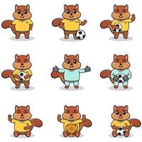 illustrazione vettoriale di personaggi di scoiattolo che giocano a calcio.