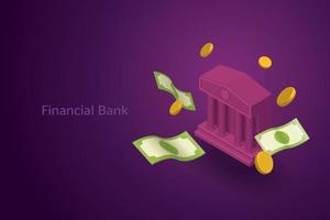 icona dell'edificio della banca con monete e banconote di carta che galleggiano su uno sfondo viola. vettore