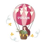 ragazza che vola in una mongolfiera rosa circondata da farfalle. crea un concetto da sogno.