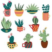 set di cactus colorati disegnati a mano in diversi vasi e tazze. vettore