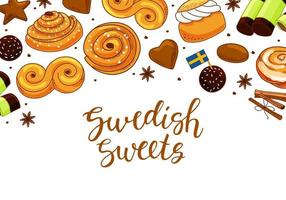 sfondo di dolci tradizionali svedesi con calligrafia. panino kanelbulle, rotolo alla cannella, pepparkakor, semla, lussekatt, dammsugare e chokladboll. illustrazione vettoriale dei cartoni animati