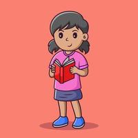 cartone animato carino bambina che legge un libro, illustrazione del fumetto vettoriale, clipart del fumetto vettore